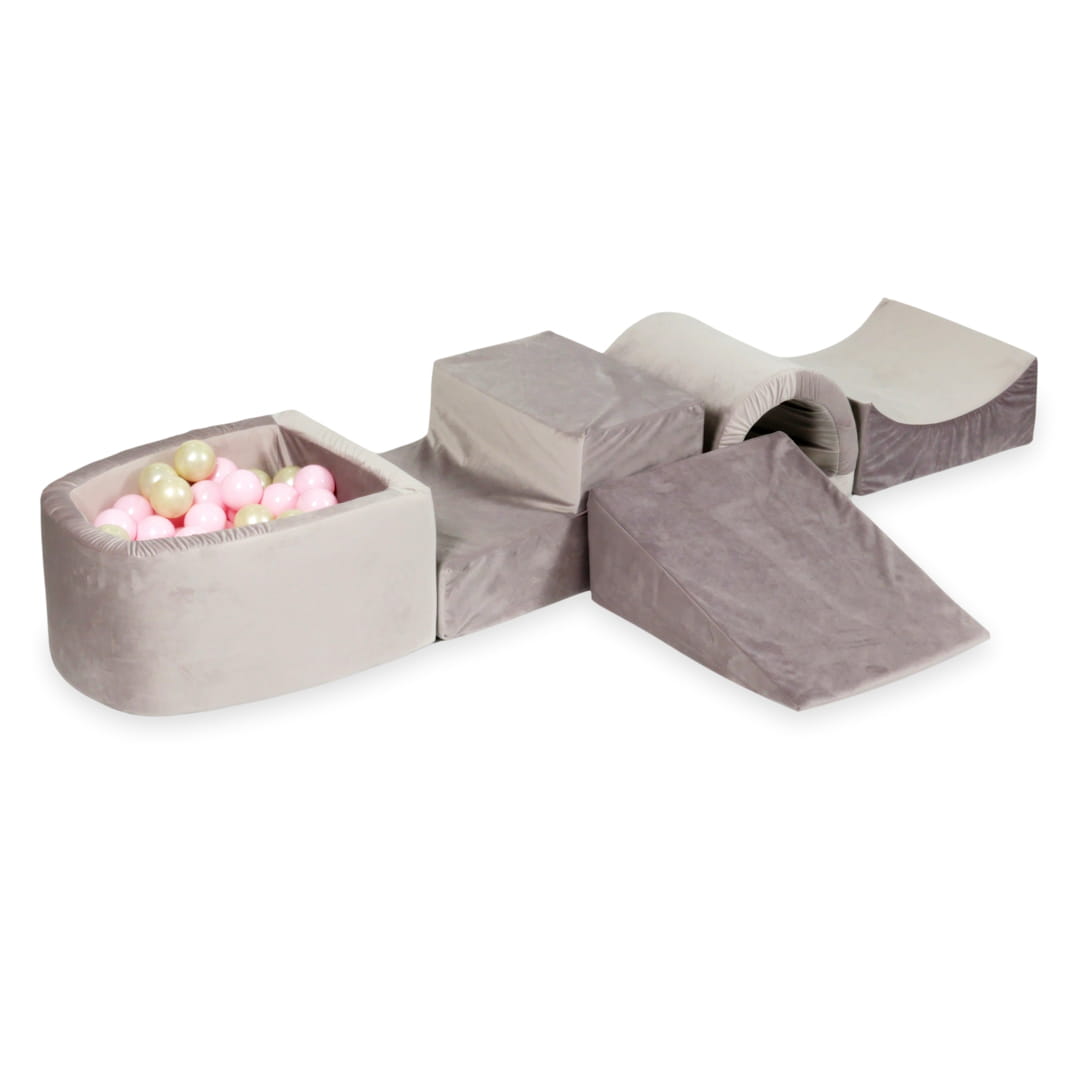 Schaumstoffspielbereich mit Brücke und lila Mikro-Samt-Pool + 100 Bälle (hellgold, hellrosa)