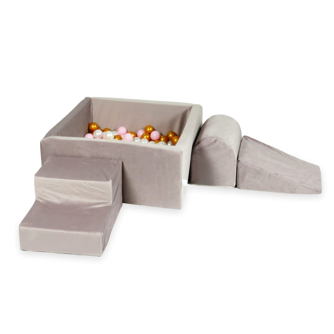 Schaumstoffspielbereich mit quadratischem Pool 90x90x40, samtlila + 400 Bälle (gold, hellrosa, perlmuttfarben)