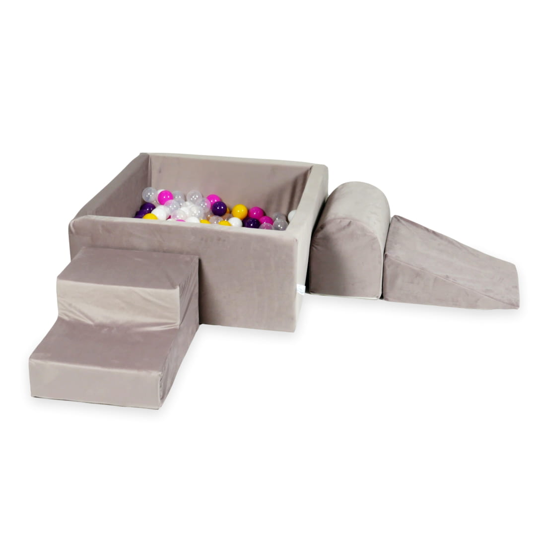 Schaumstoffspielbereich mit quadratischem Pool 90x90x40, samtig lila + 400 Bälle (lila, rosa, gelb, weiß, transparent)