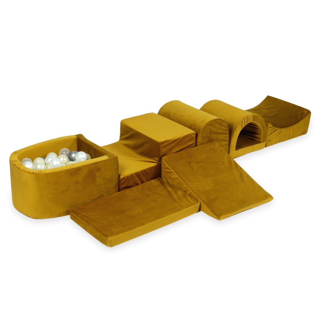 Größter Schaumstoffspielbereich mit Mikro-Samt-Goldpool + 100 Bälle (hellgold, perlmuttfarben, silber, transparent)