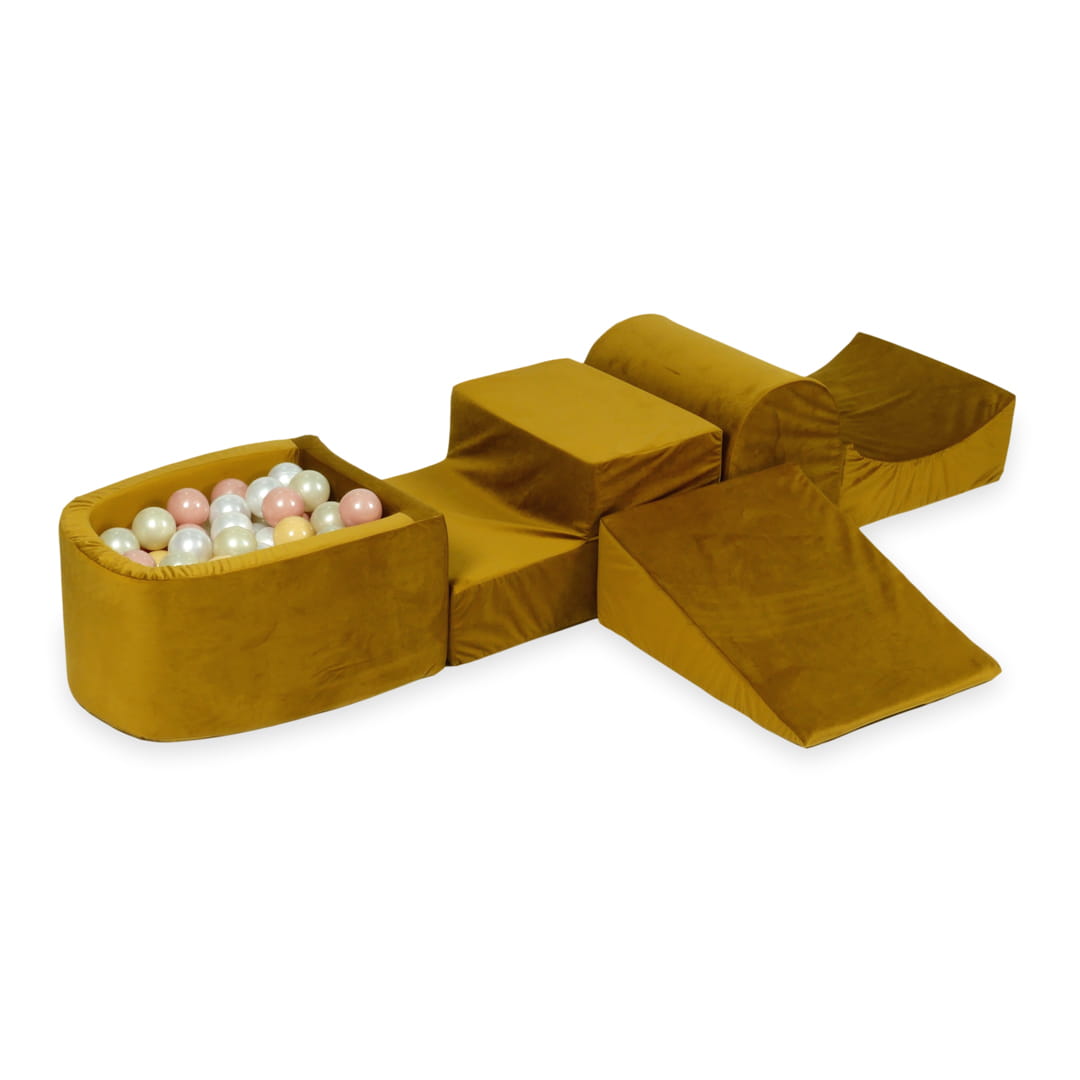 Schaumstoffspielbereich mit Hügel und Mikro-Samt-Goldpool + 100 Bälle (Hellgold, Beige, Perlmutt, Roségold)