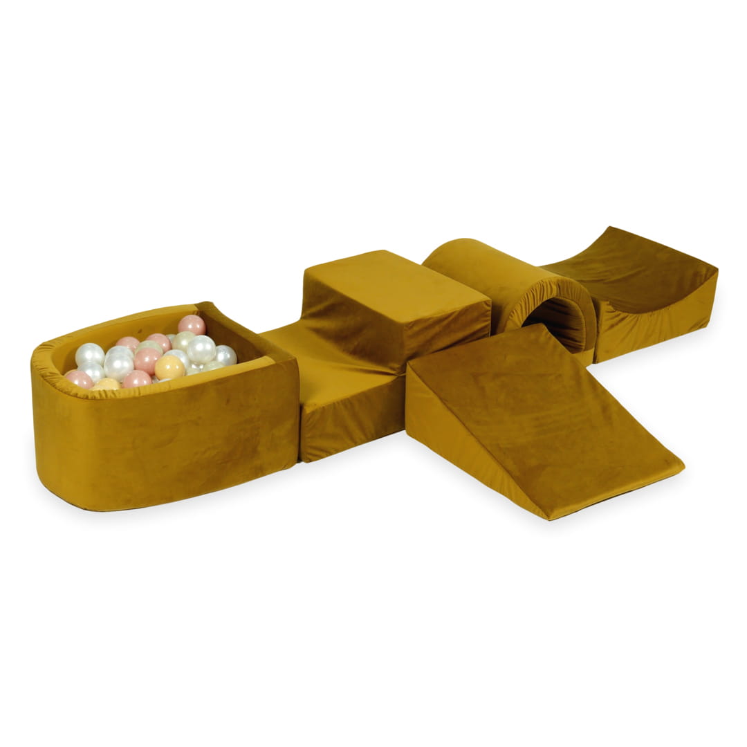 Schaumstoffspielbereich mit Brücke und Mikro-Samt-Goldpool + 100 Bälle (Hellgold, Beige, Perlmutt, Roségold)