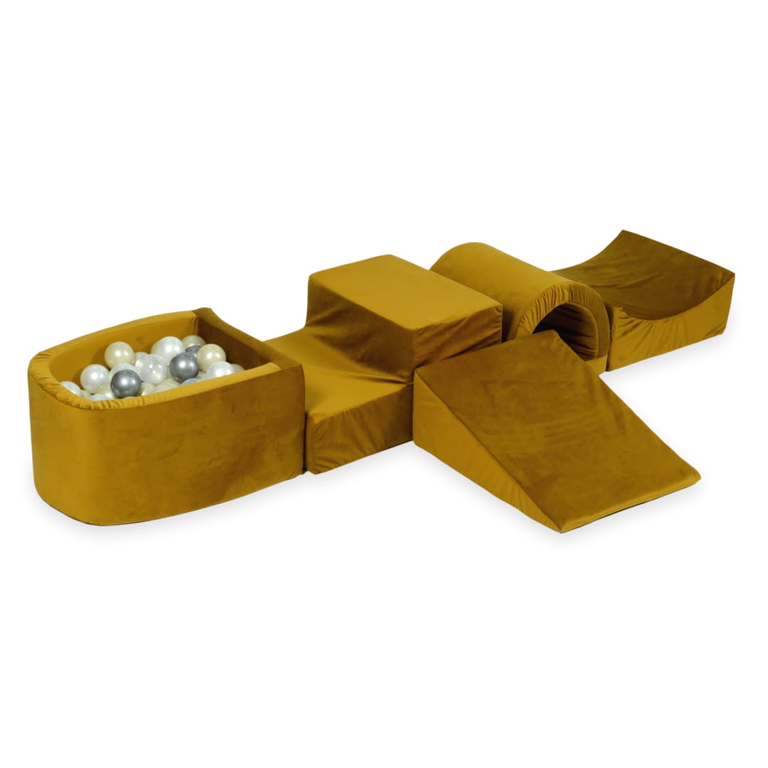 Schaumstoffspielbereich mit Brücke und Mikro-Samt-Goldpool + 100 Bälle (hellgold, perlmuttfarben, silber, transparent)