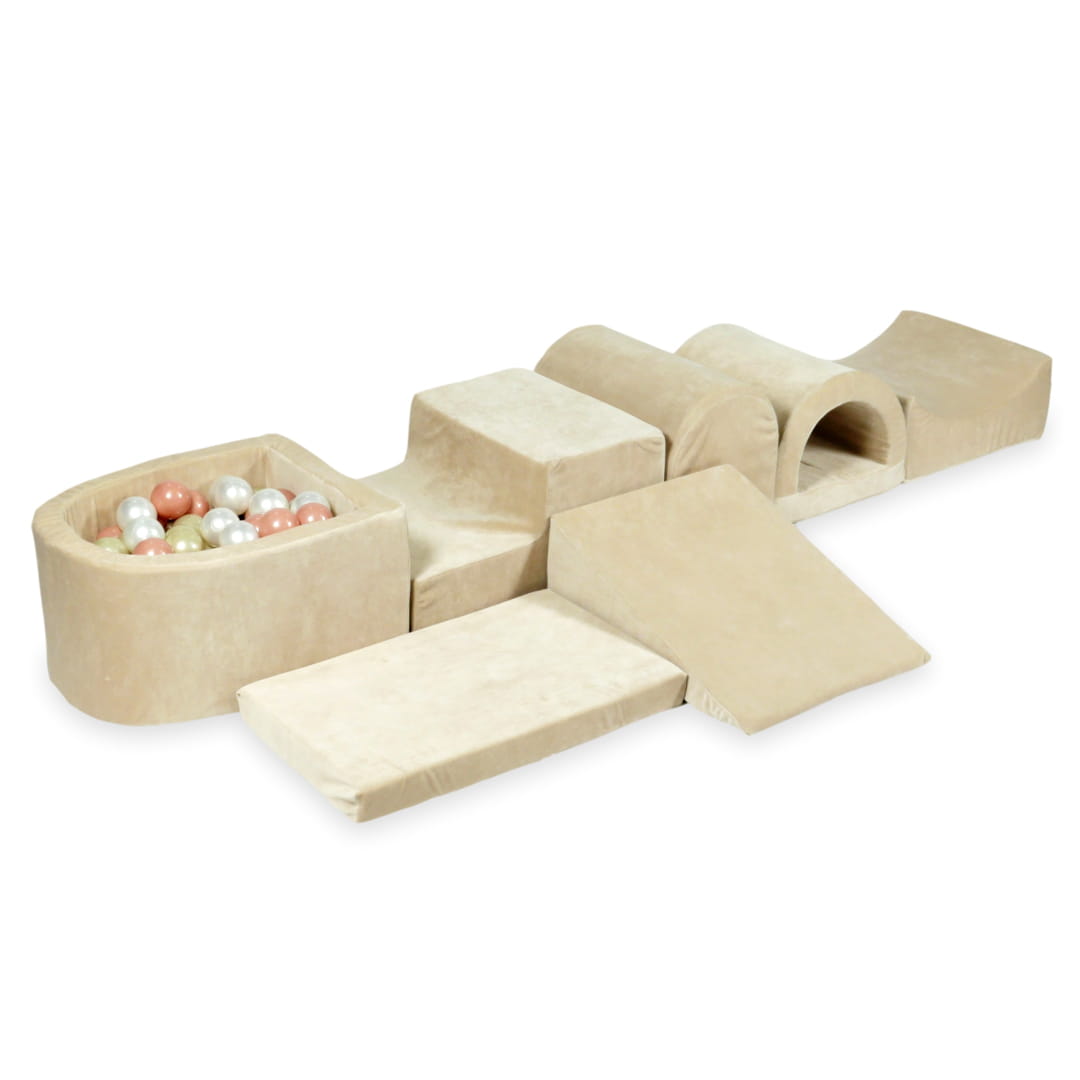 Größter Schaumstoffspielbereich mit mikrofeinen, samtweichen, beigefarbenen Pool + 100 Bälle (Roségold, Hellgold, Perlmutt)