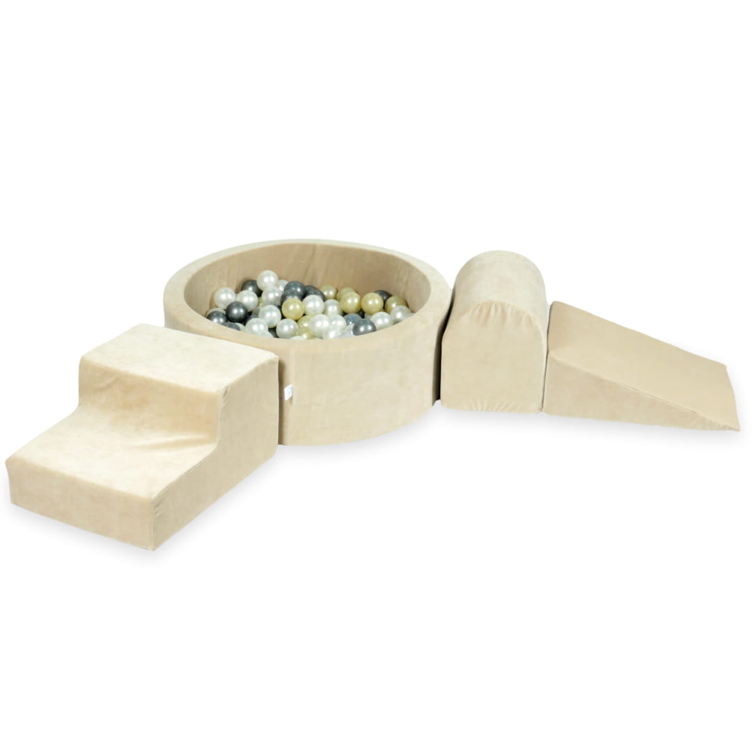 Schaumstoffspielbereich mit rundem, 90x30 cm großem, samtweichem, beigefarbenem Pool + 200 Bällen (hellgold, silber, perlmuttfarben, transparent)