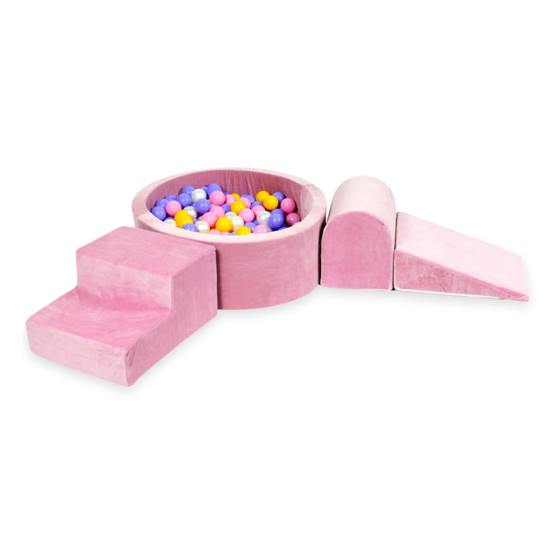 Schaumstoffspielbereich mit rundem, 90x30 cm großem, samtweichem Rosenpool + 200 Bällen (Heidekraut, Gelb, Puderrosa, Perlmutt)