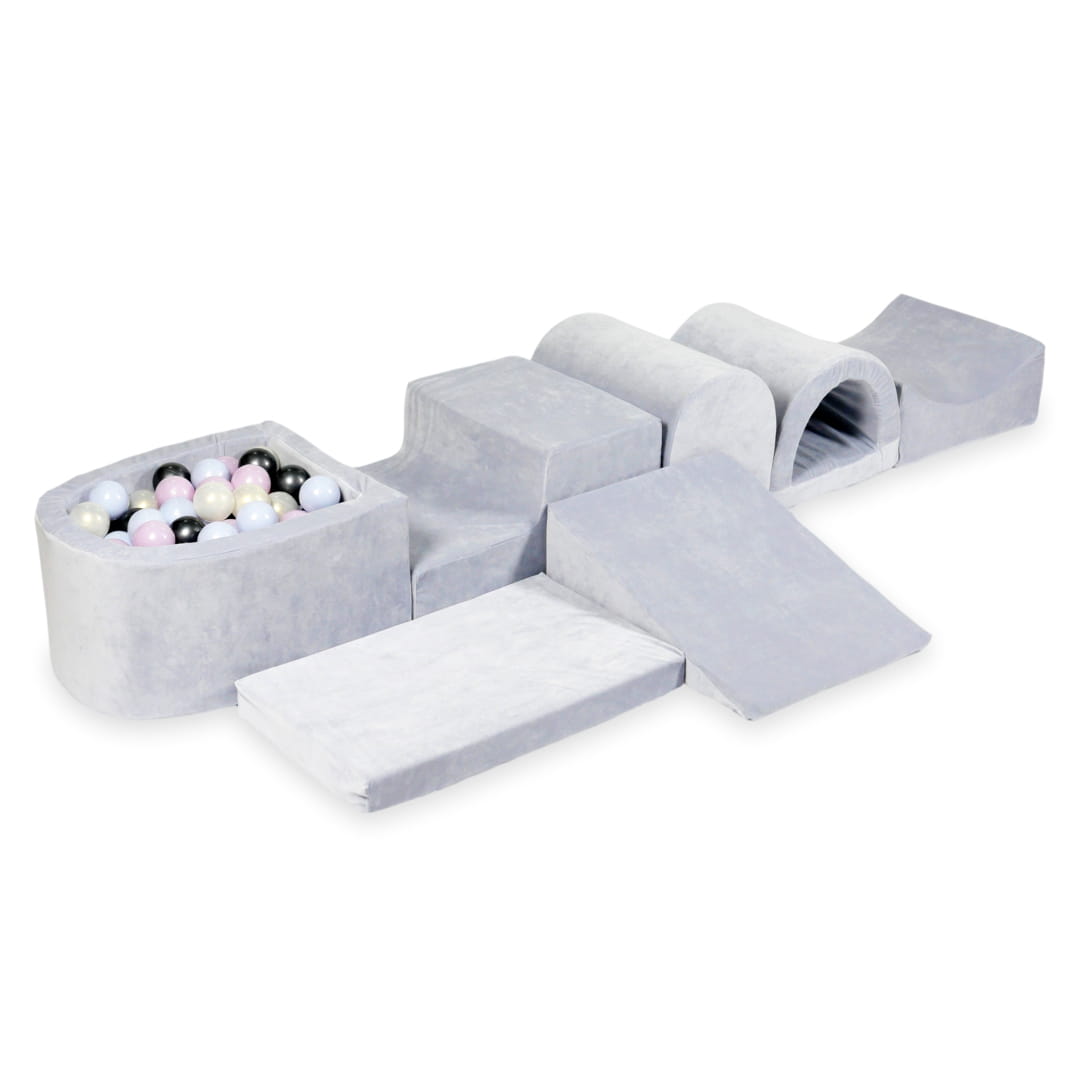 Größter Schaumstoffspielbereich mit hellgrauem, samtweichem Mikrofaser-Pool + 100 Bälle (Perlblau, Perlrosa, Metallic-Graphit, irisierend)