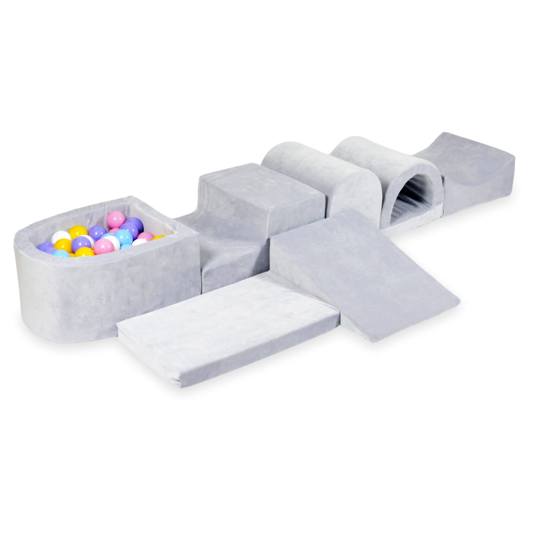 Größter Schaumstoffspielbereich mit hellgrauem, weichem Mikrofaser-Pool + 100 Bälle (hellblau, gelb, meliert, puderrosa, weiß)