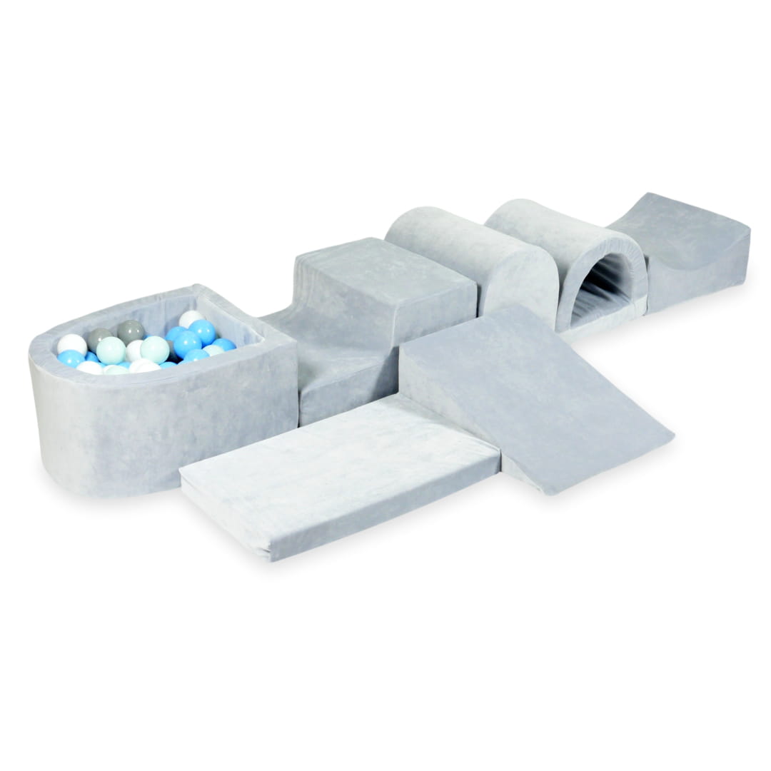 Größter Schaumstoffspielbereich mit hellgrauem, samtweichem Mikro-Pool + 100 Bällen (grau, weiß, hellblau, hellmint)