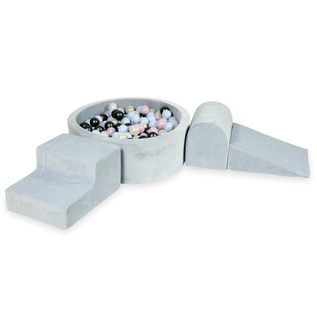 Schaumstoffspielbereich mit rundem, 90x30 cm großem, samtweichem, hellgrauem Pool + 200 Bällen (Perlblau, Perlrosa, Metallic-Graphit, irisierend)