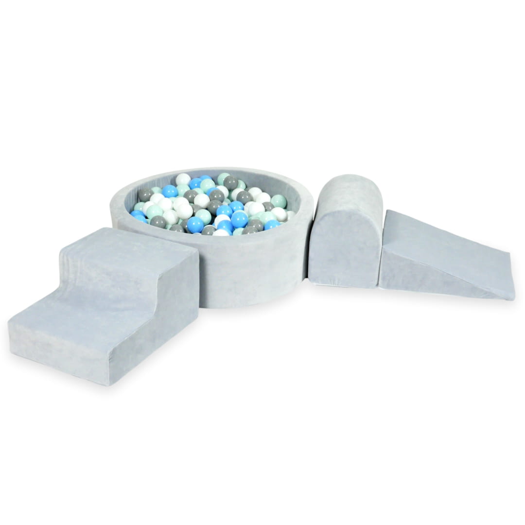 Schaumstoffspielbereich mit rundem, 90x30 cm großem, samtweichem, hellgrauem Pool + 200 Bällen (grau, weiß, hellblau, hellmint)