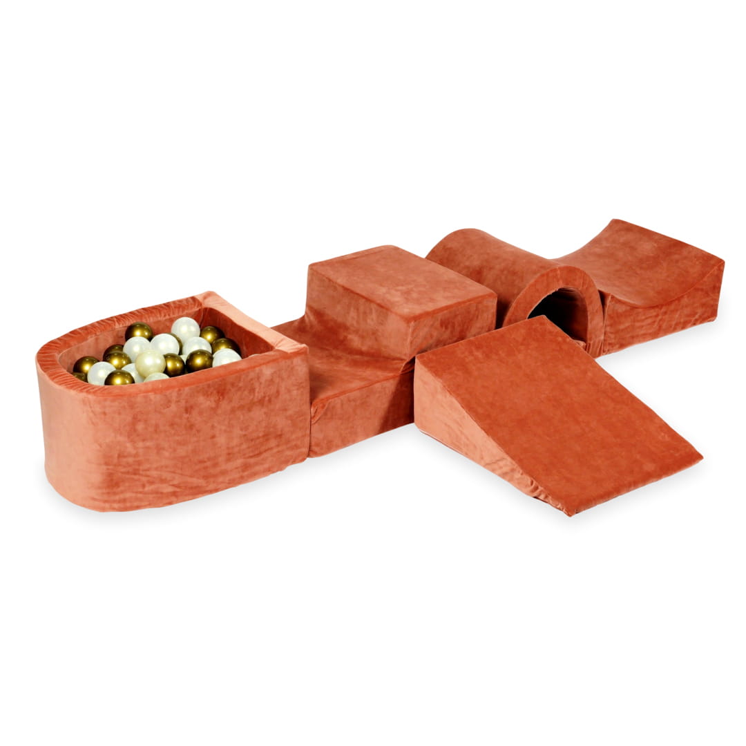 Schaumstoffspielbereich mit Brücke und mikrofeinen, samtweichen Canyon-Tonbecken + 100 Bälle (Altgold, irisierend, Hellgold)