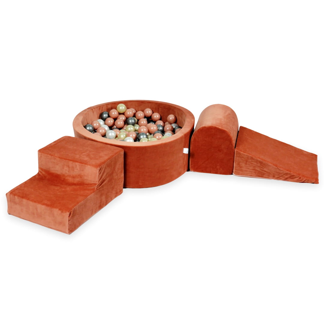 Schaumstoffspielbereich mit rundem 90x30 cm großem, samtweichem Canyon-Tonbecken + 200 Bällen (Hellgold, Roségold, Silber, Perlmutt)