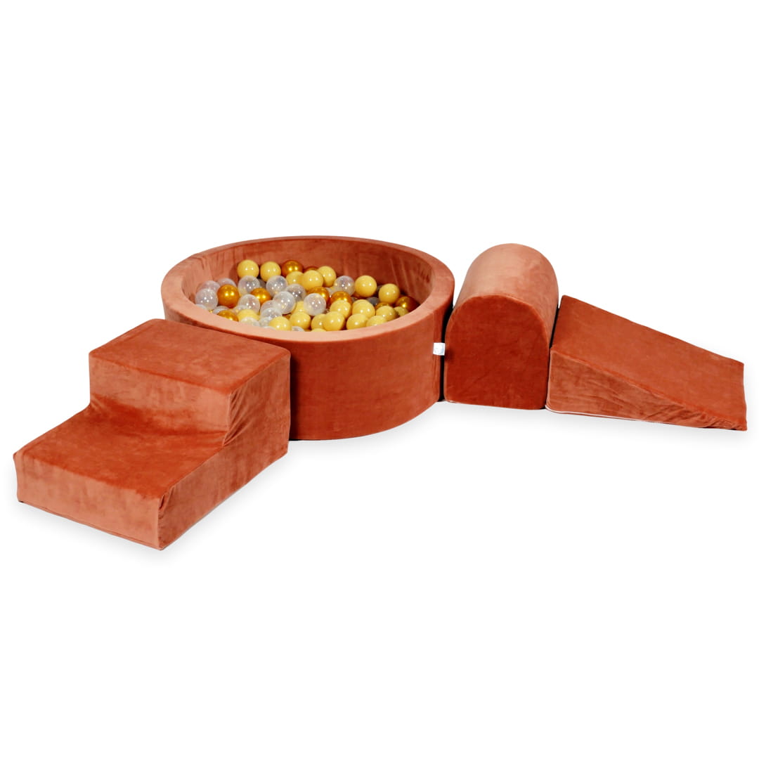 Schaumstoffspielbereich mit rundem 90x30 cm großem, samtweichem Canyon-Tonbecken + 200 Bällen (beige, gold, transparent)