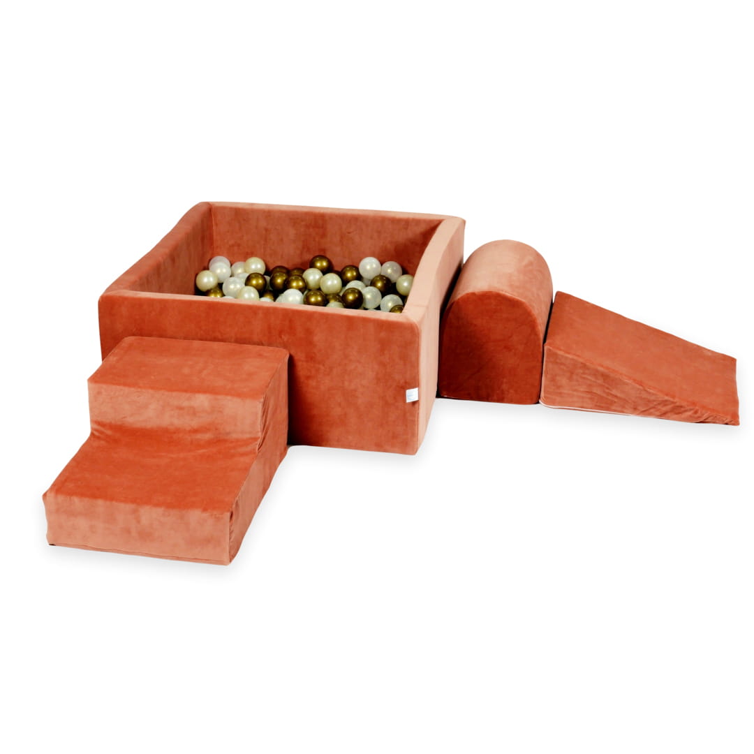 Schaumstoffspielbereich mit quadratischem Becken 90x90x40 samtweichem Canyon-Ton + 400 Bälle (Altgold, irisierend, Hellgold)