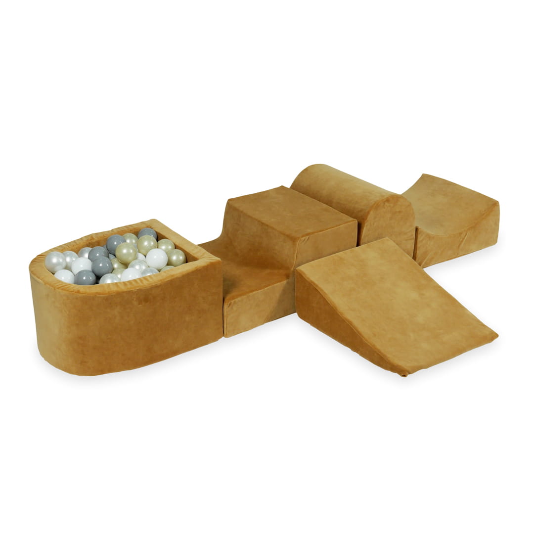 Schaumstoffspielbereich mit Hügel und mikrofein samtweichem Karamellbecken + 100 Bälle (transparent, weiß, perlmuttfarben, grau, hellgold)