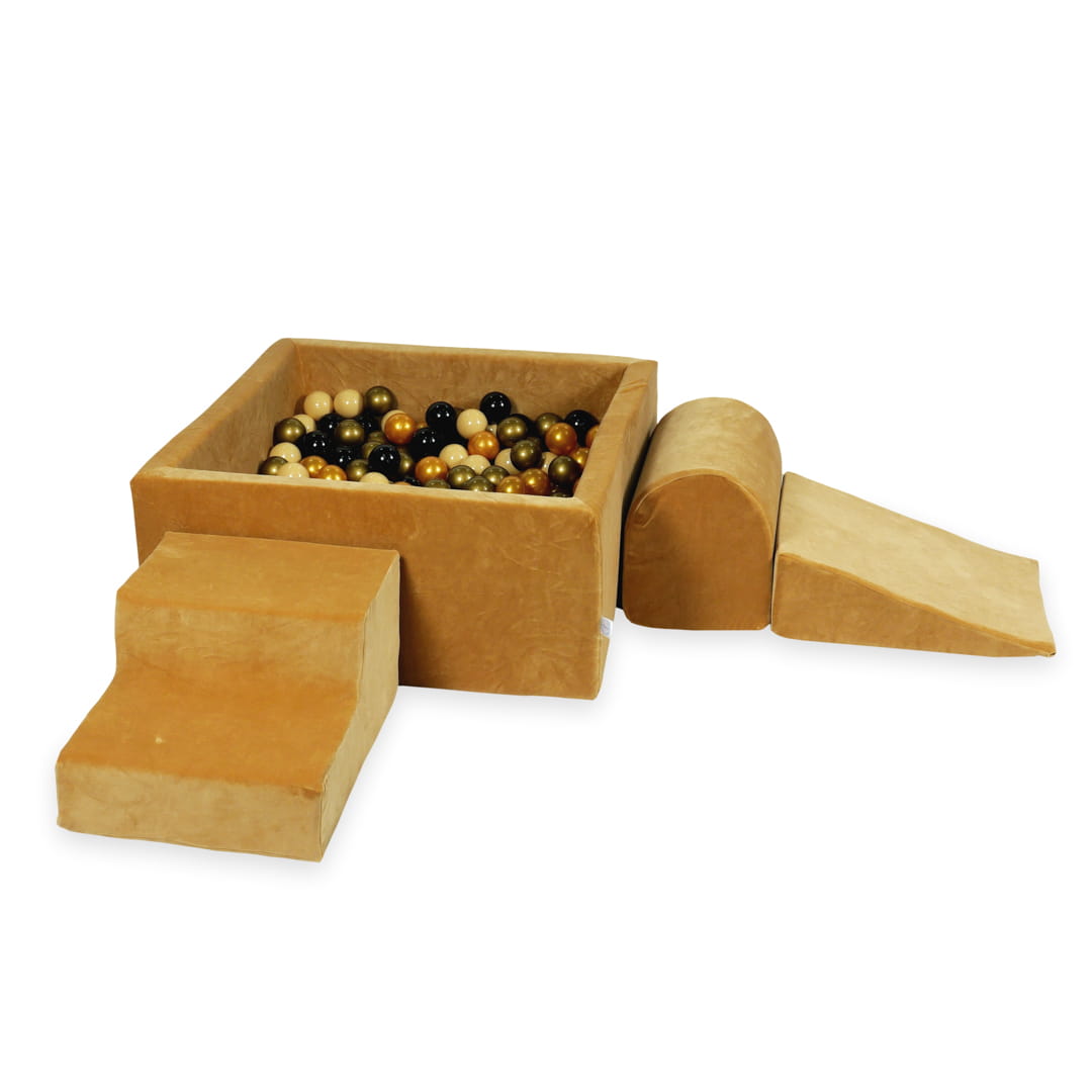 Schaumstoffspielbereich mit quadratischem Pool 90x90x40, samtweich, karamellfarben + 400 Bälle (Altgold, Hellrosa, Perlmutt)