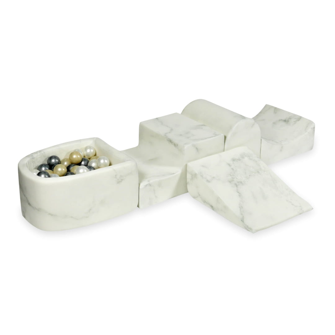 Schaumstoffspielbereich mit Hügel und Mikro-Murmelbecken + 100 Bälle (glänzendes Gold, Perlmutt, Silber)