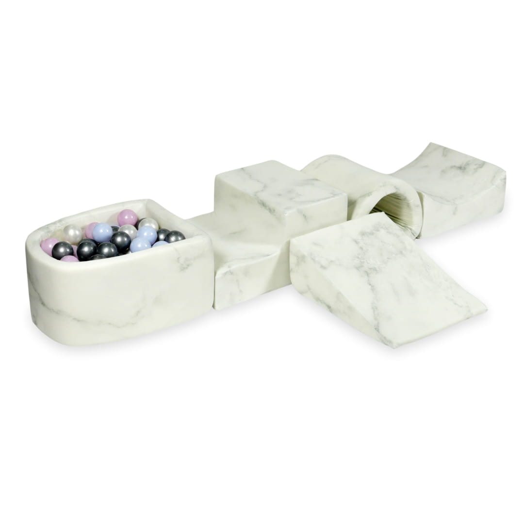 Schaumstoffspielbereich mit Brücke und Mikro-Murmelbecken + 100 Bälle (blaue Perle, rosa Perle, Perle, Silber)