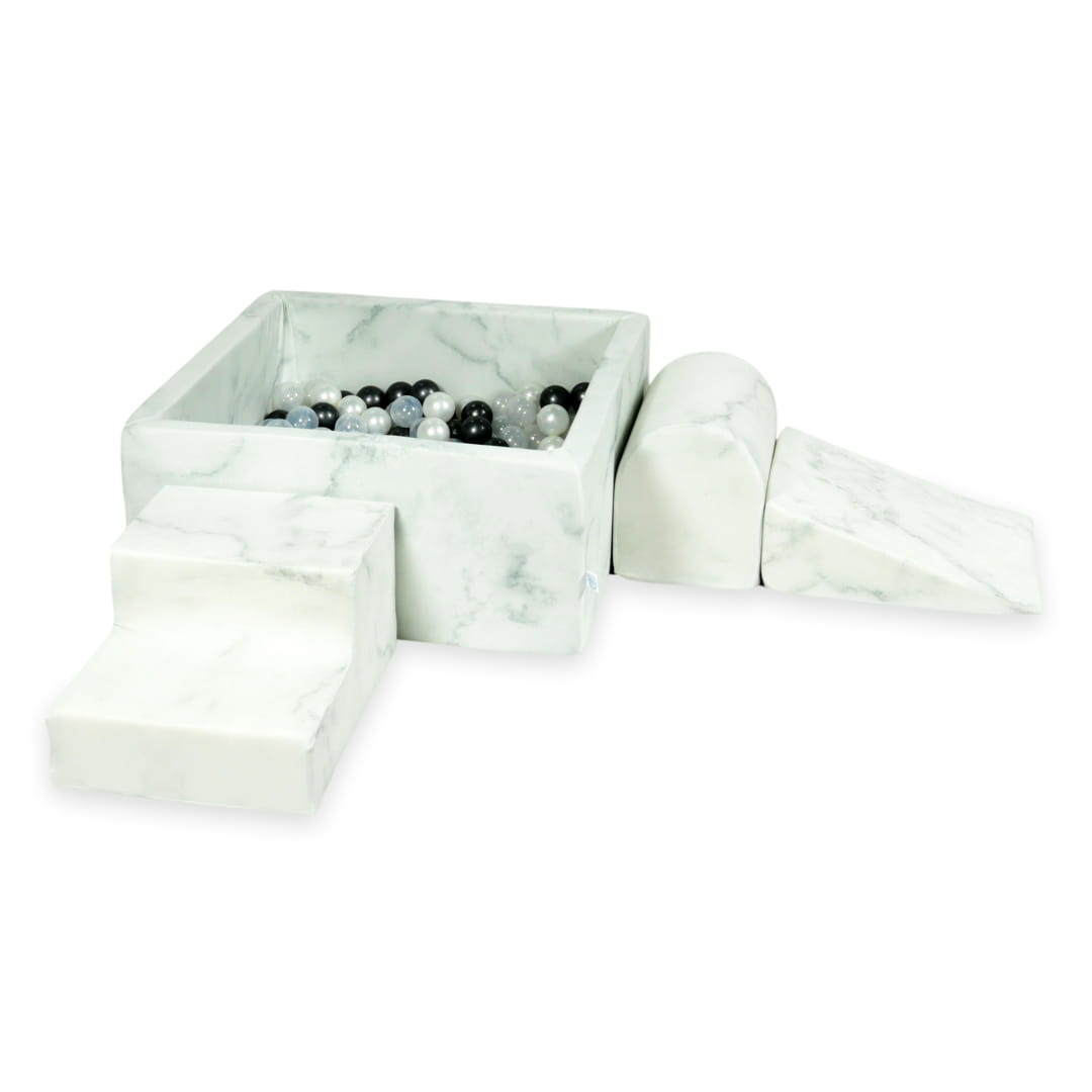 Schaumstoffspielbereich mit 90x90x40 cm großem Marmorbecken + 400 Bällen (metallic Graphit, Perlmutt, transparent)