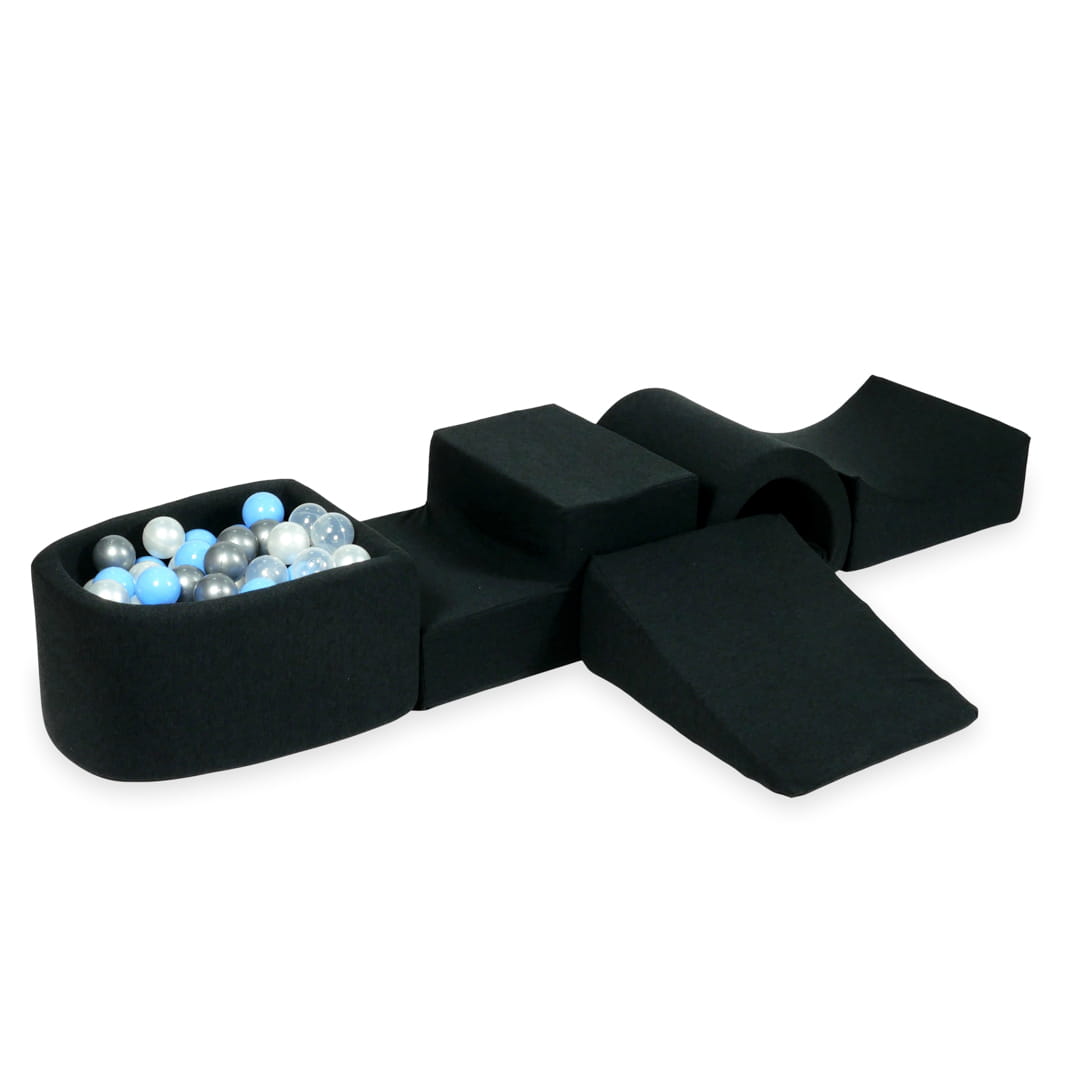 Schaumstoffspielbereich mit Brücke und Mikrographitbecken + 100 Bälle (silber, hellblau, perlmuttfarben, transparent)