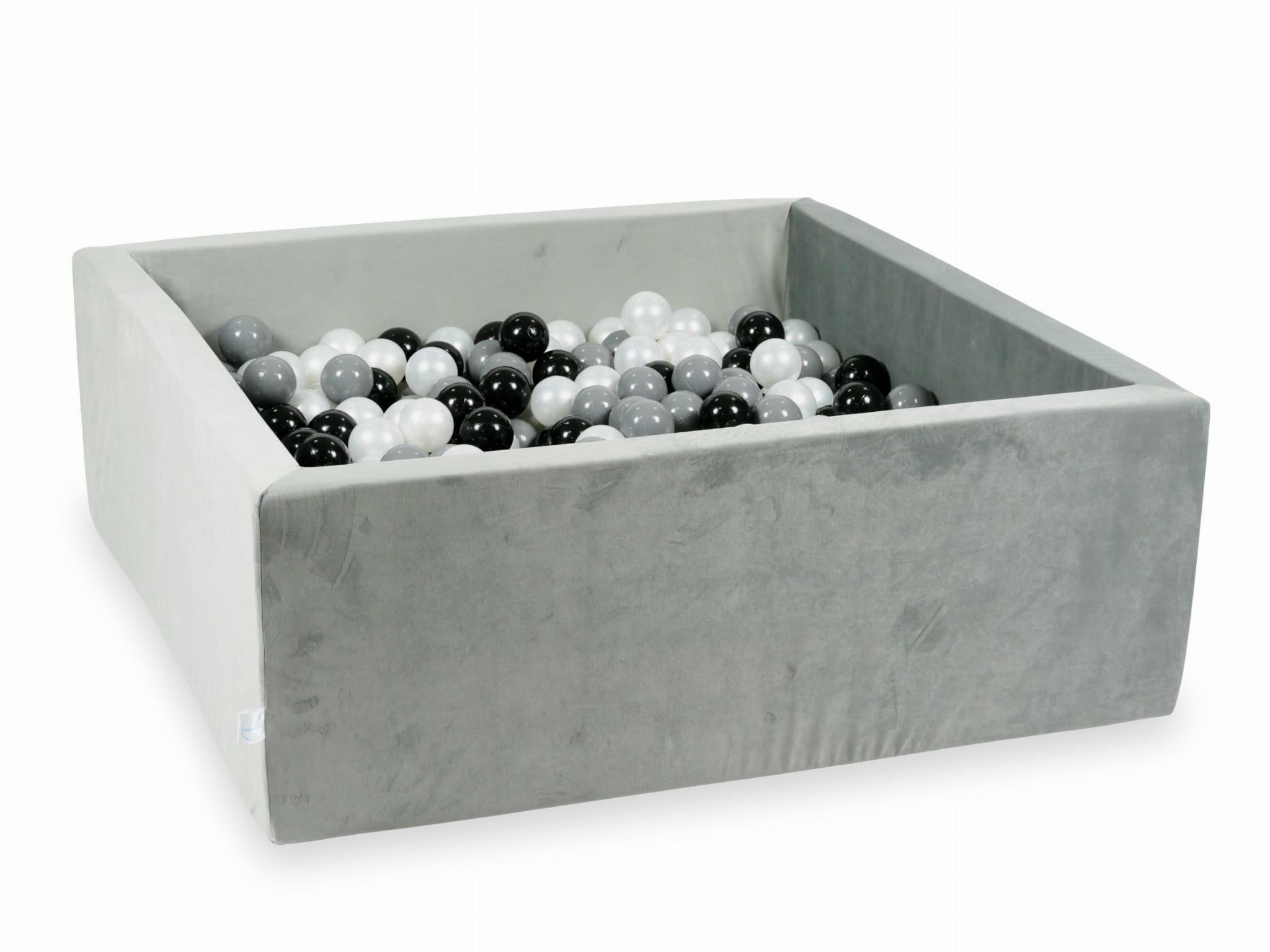 110x110x40 cm großes, samtgraues Bällebad mit 600 Bällen (Schwarz, Grau, Perlmutt)