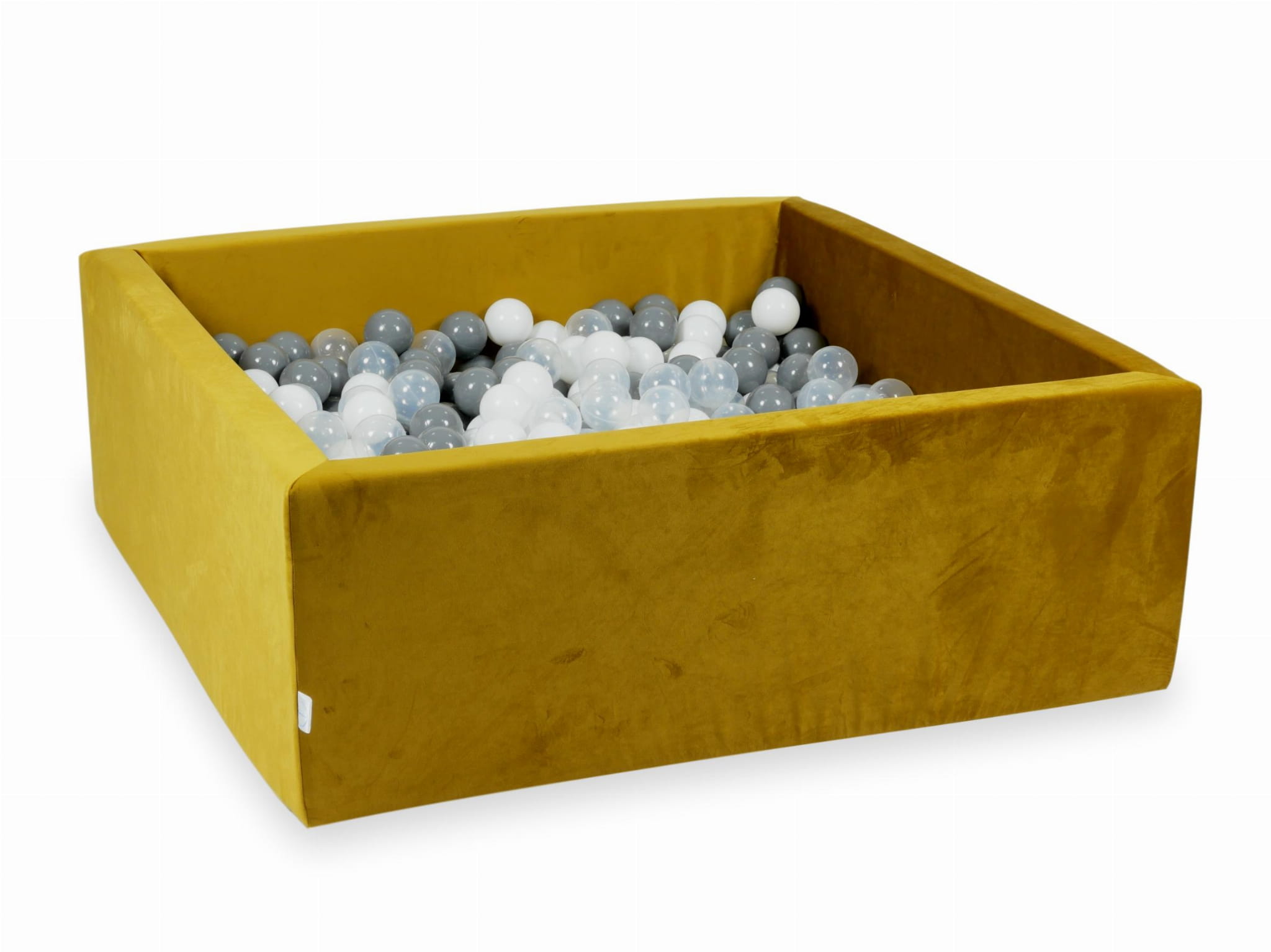 Goldenes Samt-Bällebad 110x110x40 mit 600 Bällen (weiß, grau, transparent)