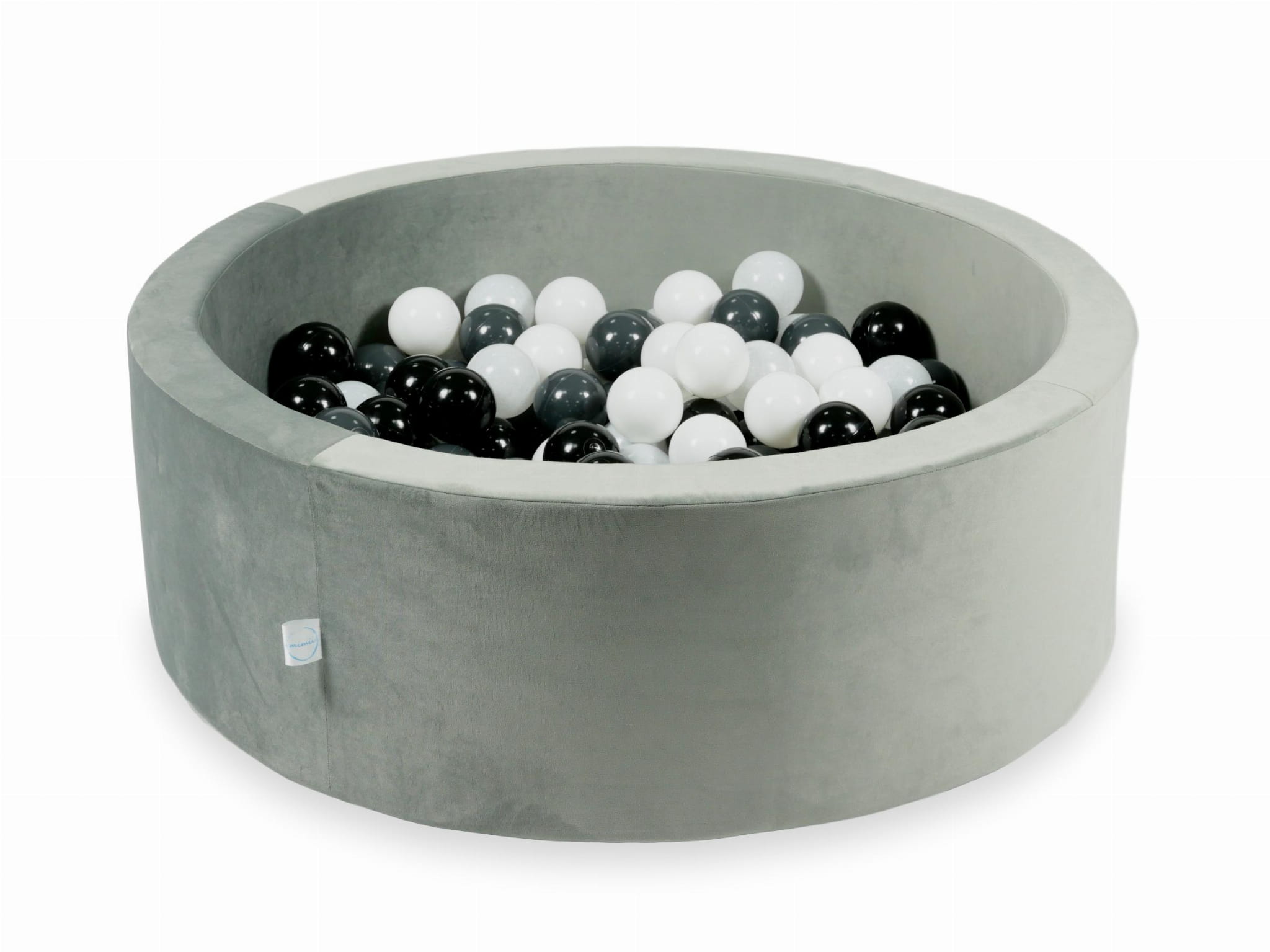 90x30 Samt-Bällebad in Grau mit 200 Bällen (Transparent, Weiß, Perlmutt, Hellrosa, Roségold)