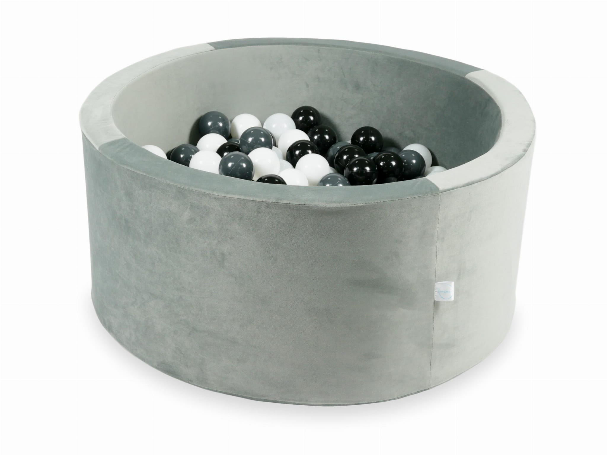 90x40 Samt-Bällebad in Grau mit 300 Bällen (Transparent, Weiß, Perlmutt, Hellrosa, Roségold)