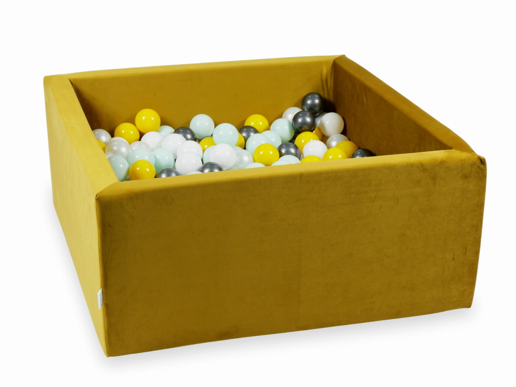 90x90x40 Samt-Gold-Bällebad mit 400 Bällen (gelb, hellmint, metallisch-graphit, weiß, perlmutt)