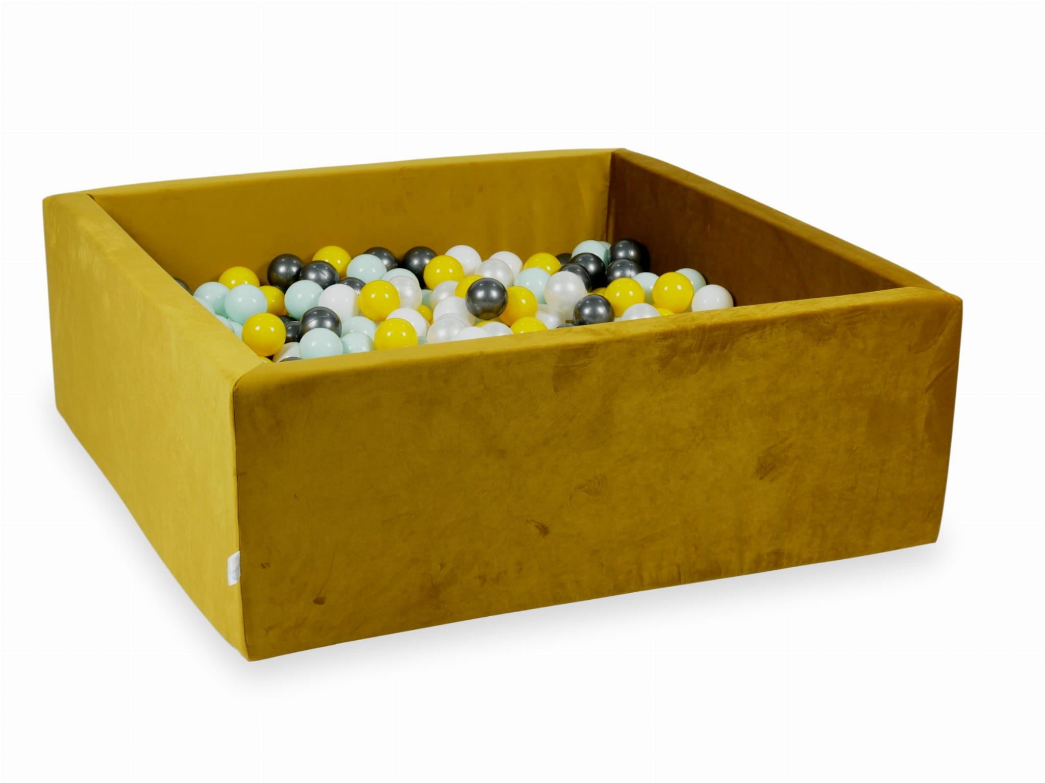 110x110x40 Samt-Gold-Bällebad mit 600 Bällen (gelb, hellmint, metallisch-graphit, weiß, perlmutt)