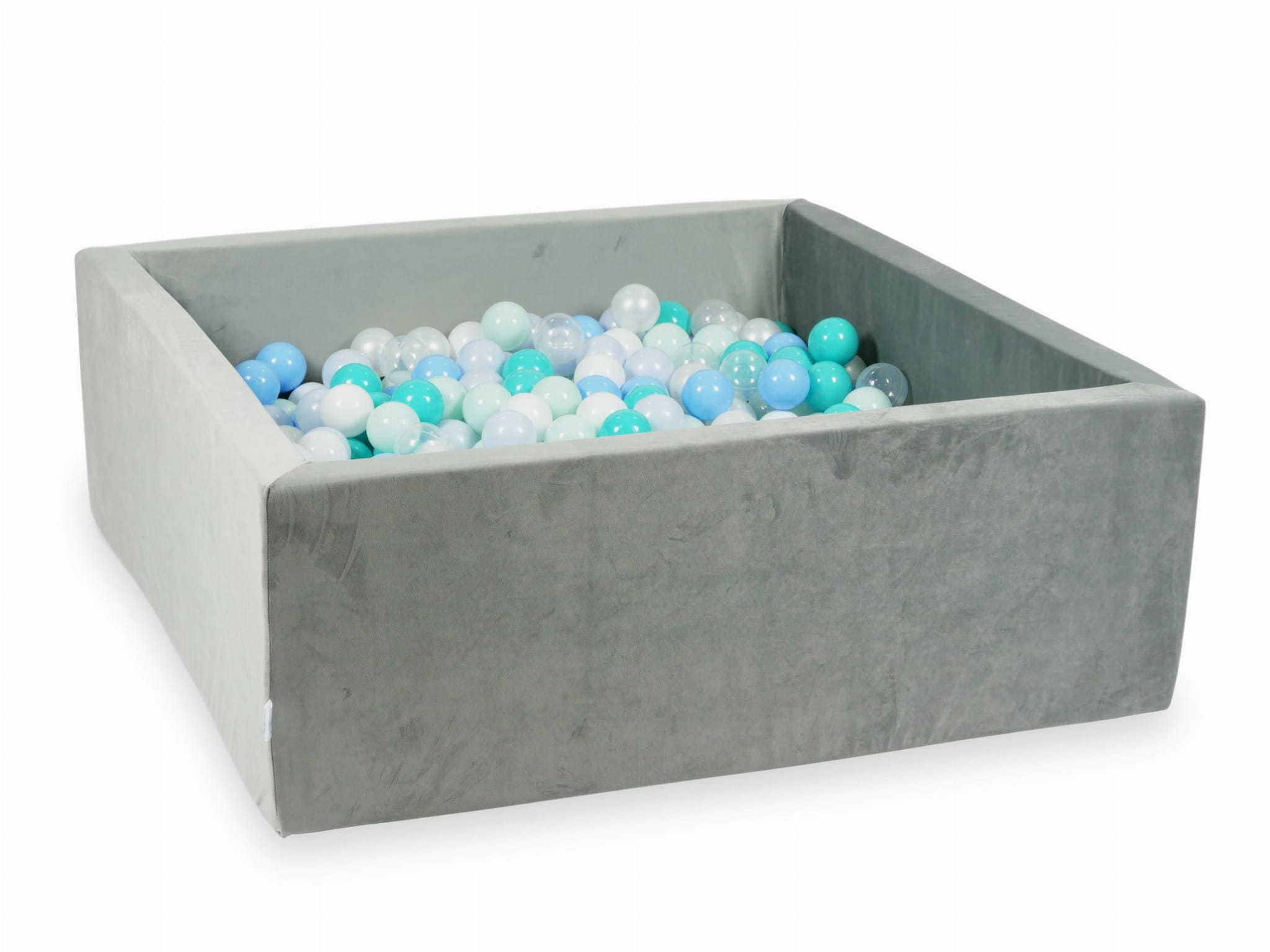 110x110x40 Samtgraues Bällebad mit 600 Bällen (Hellmint, Türkis, Hellblau, Perlmutt-Hellblau, Irisierend, Perlmutt, Weiß, Transparent)