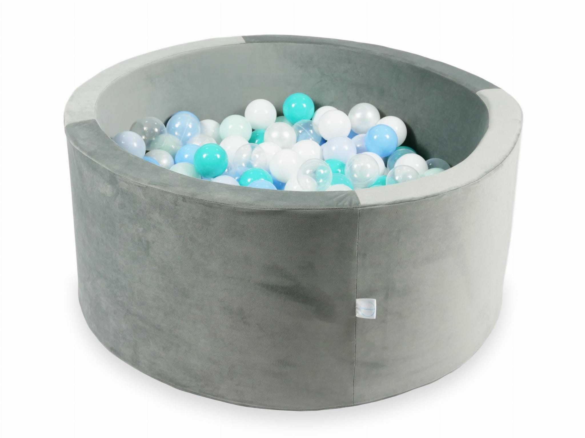 90x40 Samtgraues Bällebad mit 300 Bällen (Hellmint, Türkis, Hellblau, Perlmutt-Hellblau, Irisierend, Perlmutt, Weiß, Transparent)