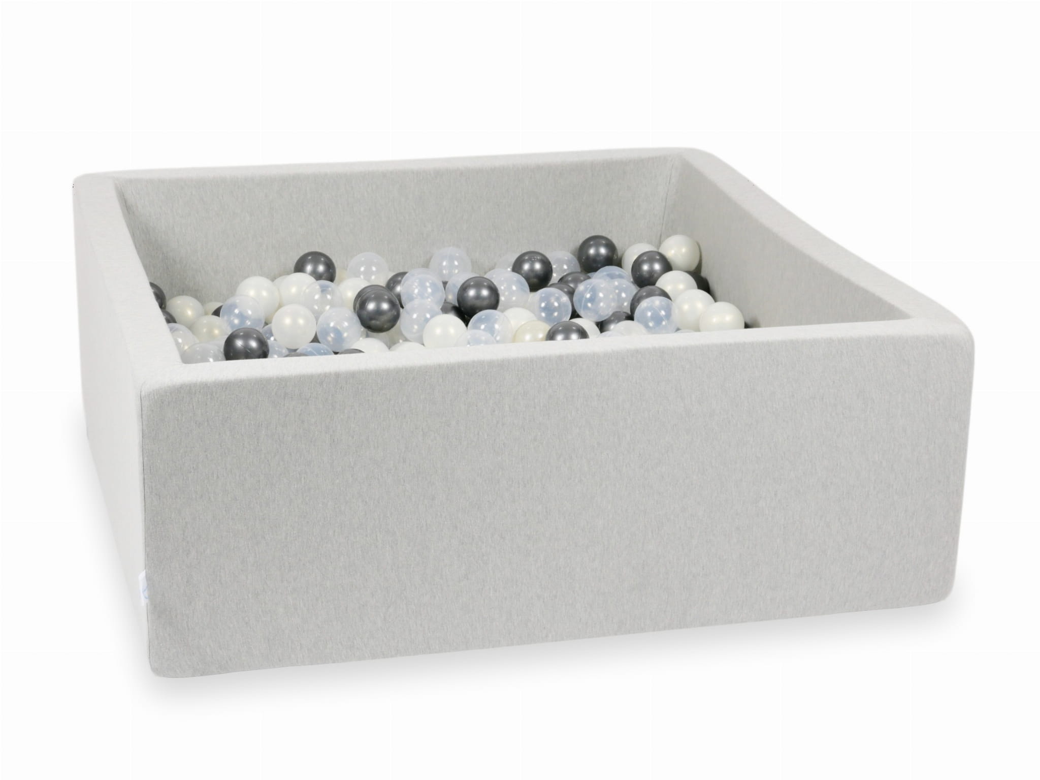 Hellgraues Bällebad 110x110x40 mit 600 Bällen (transparent, metallisch-graphitfarben, irisierend)