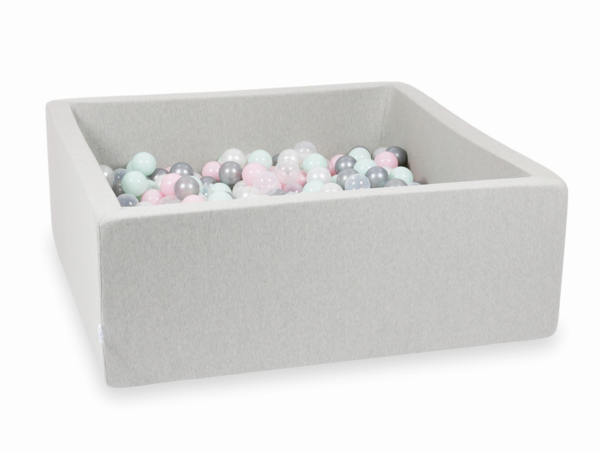 Bällebad 110x110x40 hellgrau mit 600 Bällen (transparent, perlmuttfarben, silber, hellrosa, hellmint)