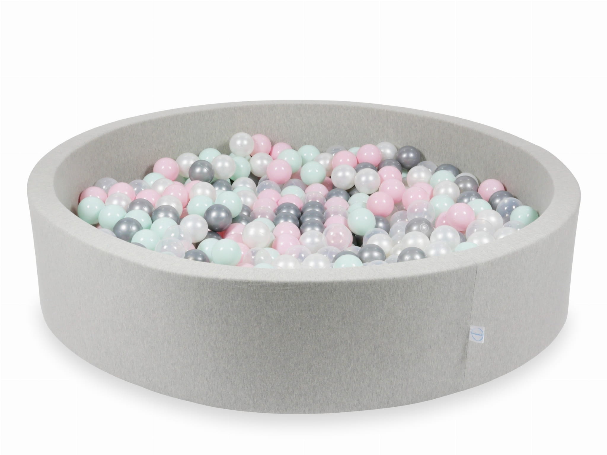 130x30 hellgraues Bällebad mit 600 Bällen (transparent, perlmuttfarben, silber, hellrosa, hellmint)