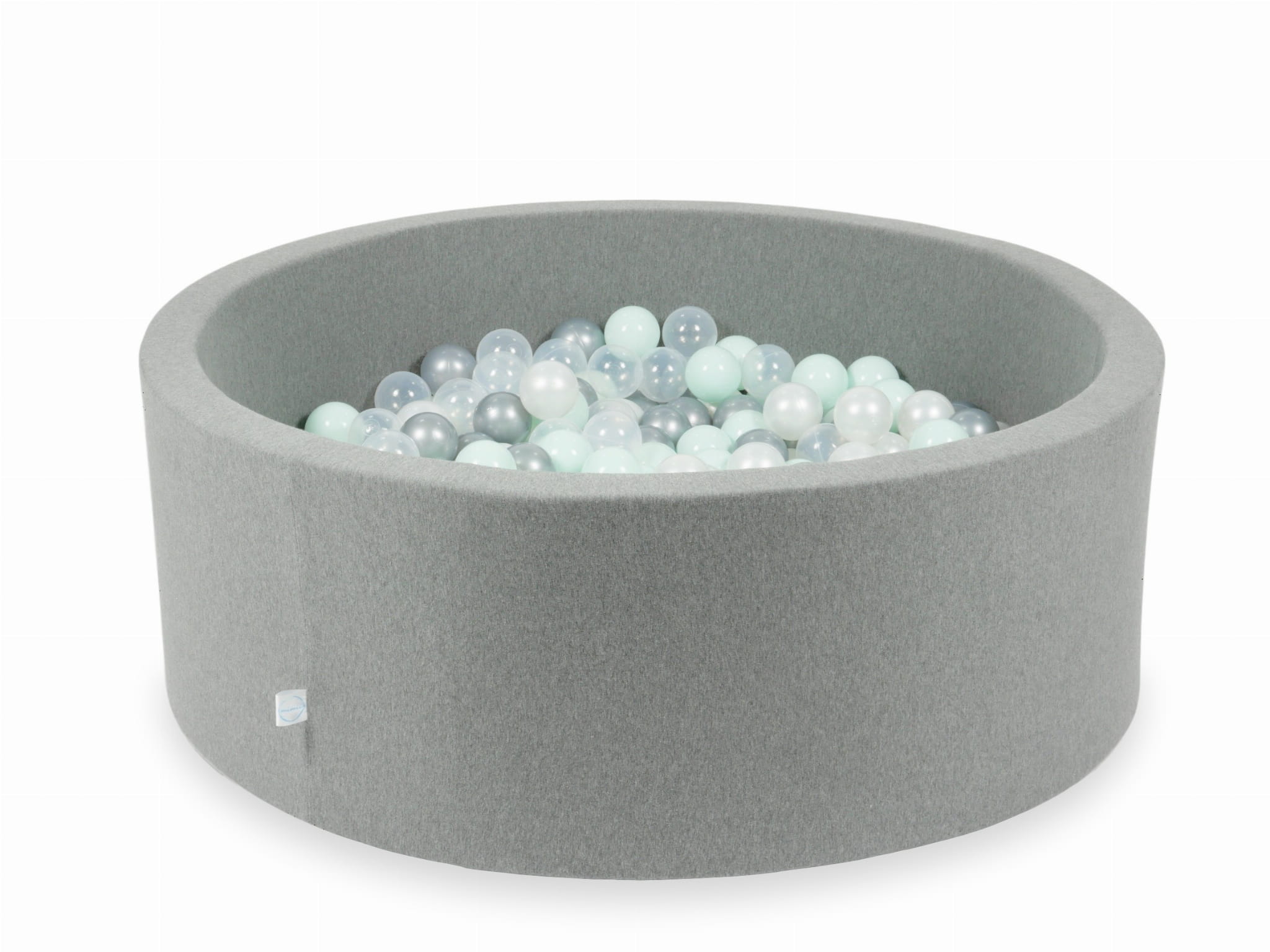 Graues Bällebad 110x40 mit 500 Bällen (transparent, perlmuttfarben, silber, hellmint)