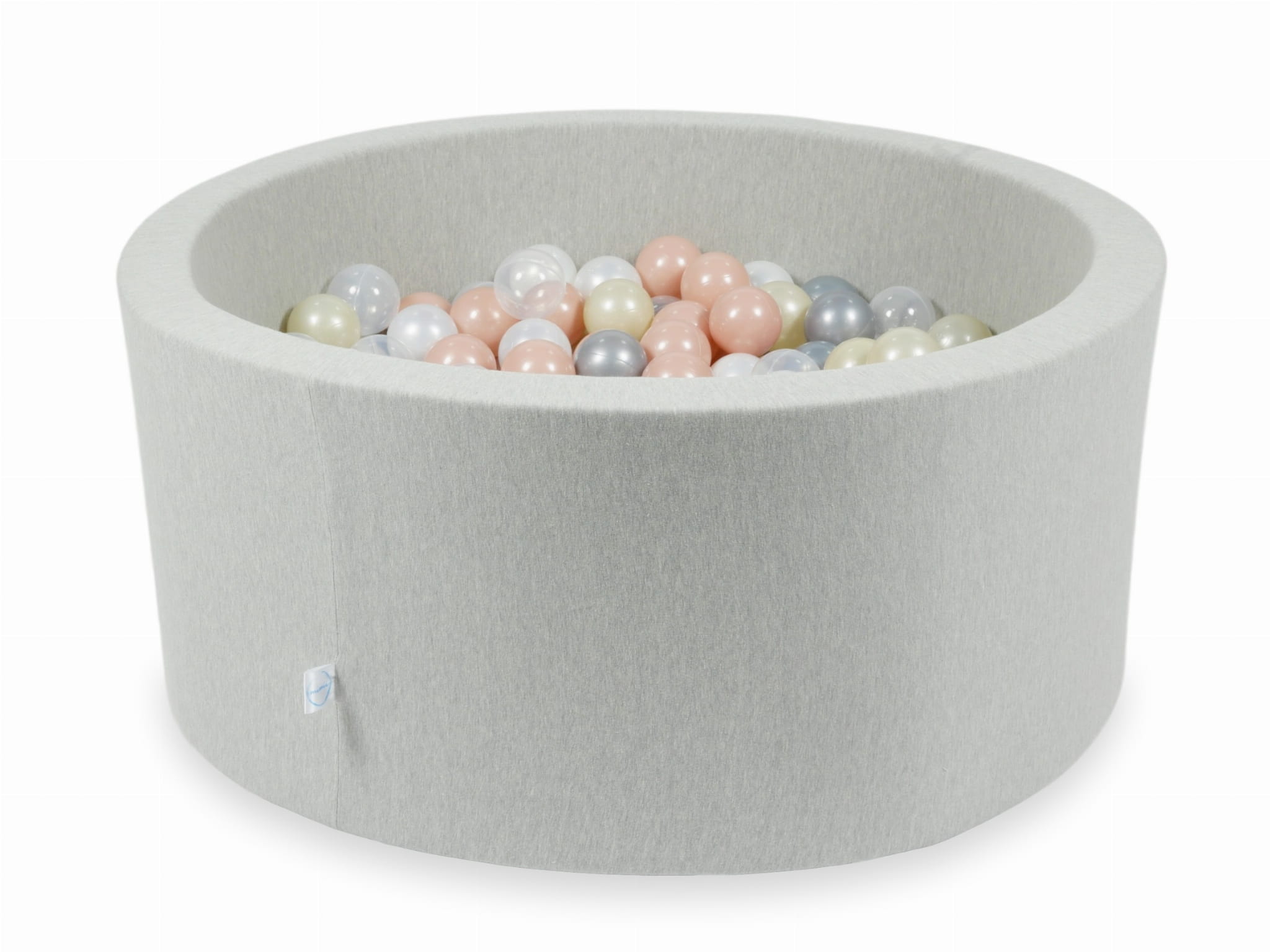 90x40 hellgraues Bällebad mit 300 Bällen (transparent, perlmuttfarben, silber, hellrosa, hellgold)