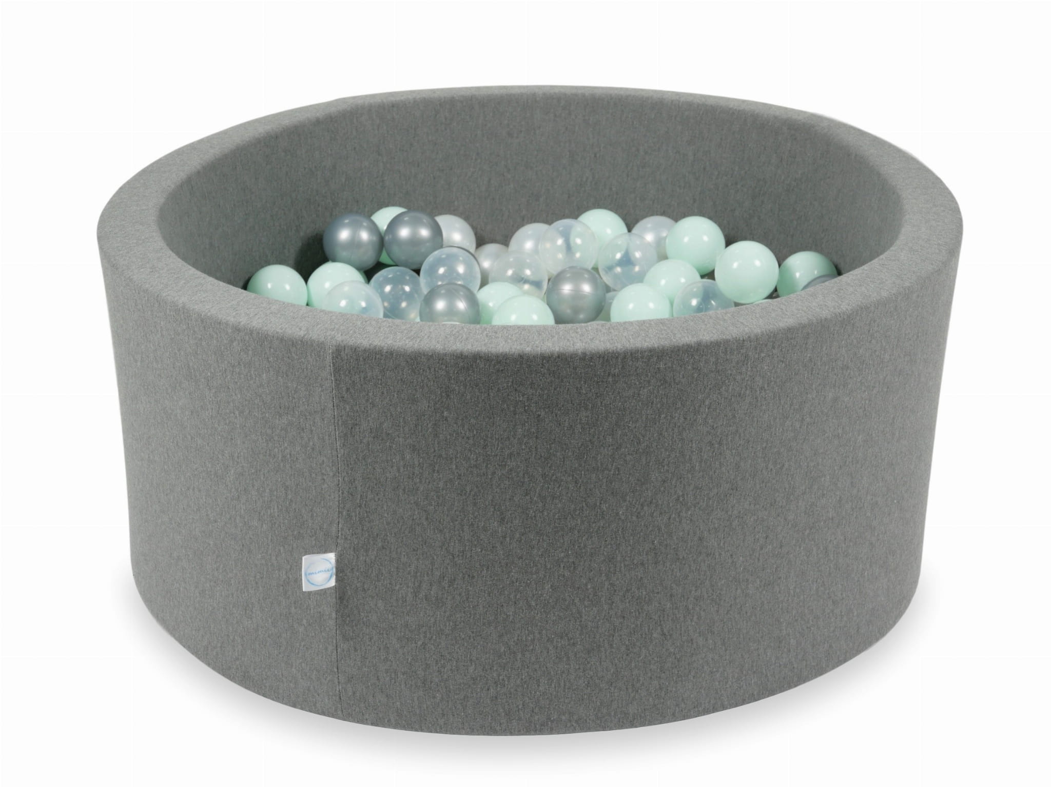 Graues Bällebad (90x40 cm) mit 300 Bällen (transparent, perlmuttfarben, silber, hellmint)