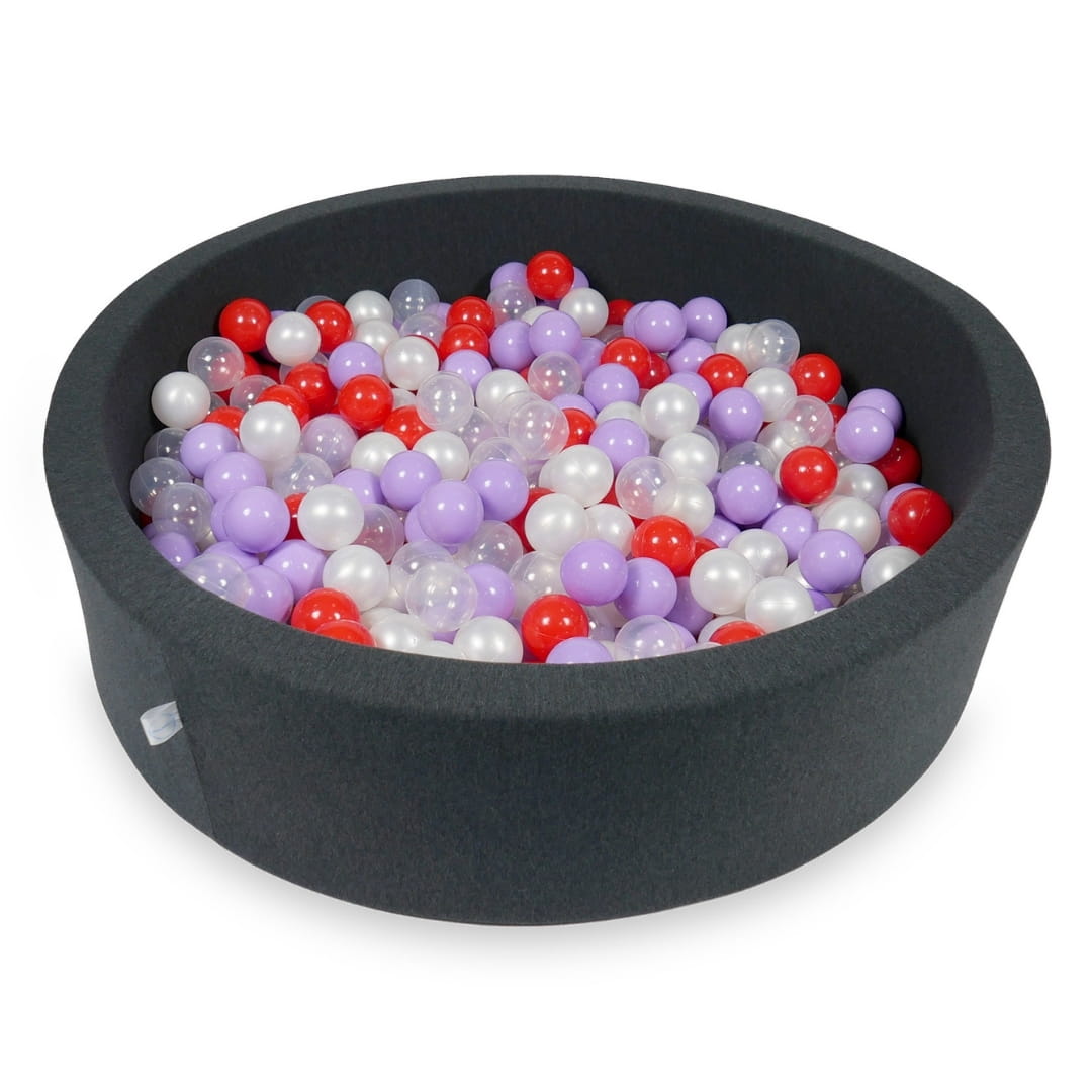 Bällebad 110x30cm Graphit mit 400 Bällen (transparent, perlmuttfarben, meliert, rot)