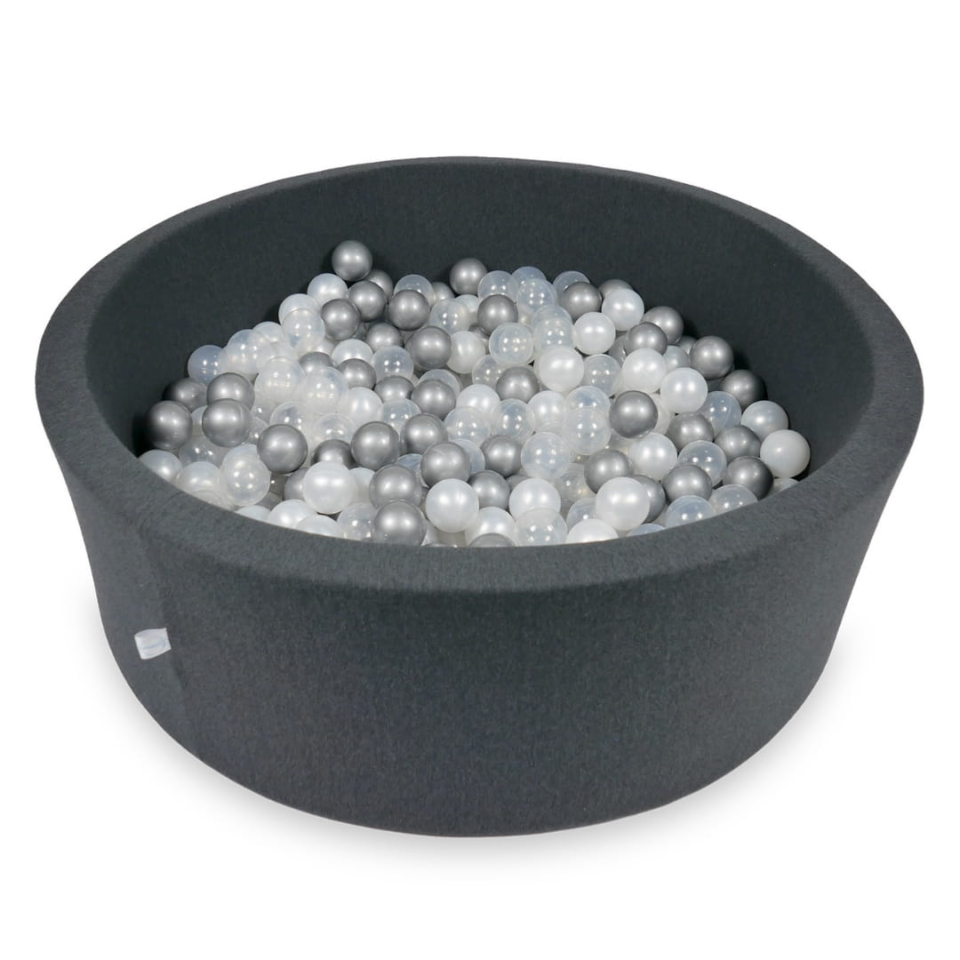 Bällebad 110x40cm Graphit mit 500 Bällen (Perlmutt, Silber, Transparent)