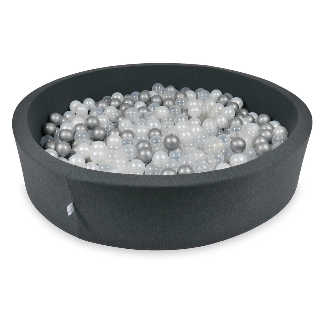 Bällebad 130x30cm Graphit mit 600 Bällen (Perlmutt, Silber, Transparent)