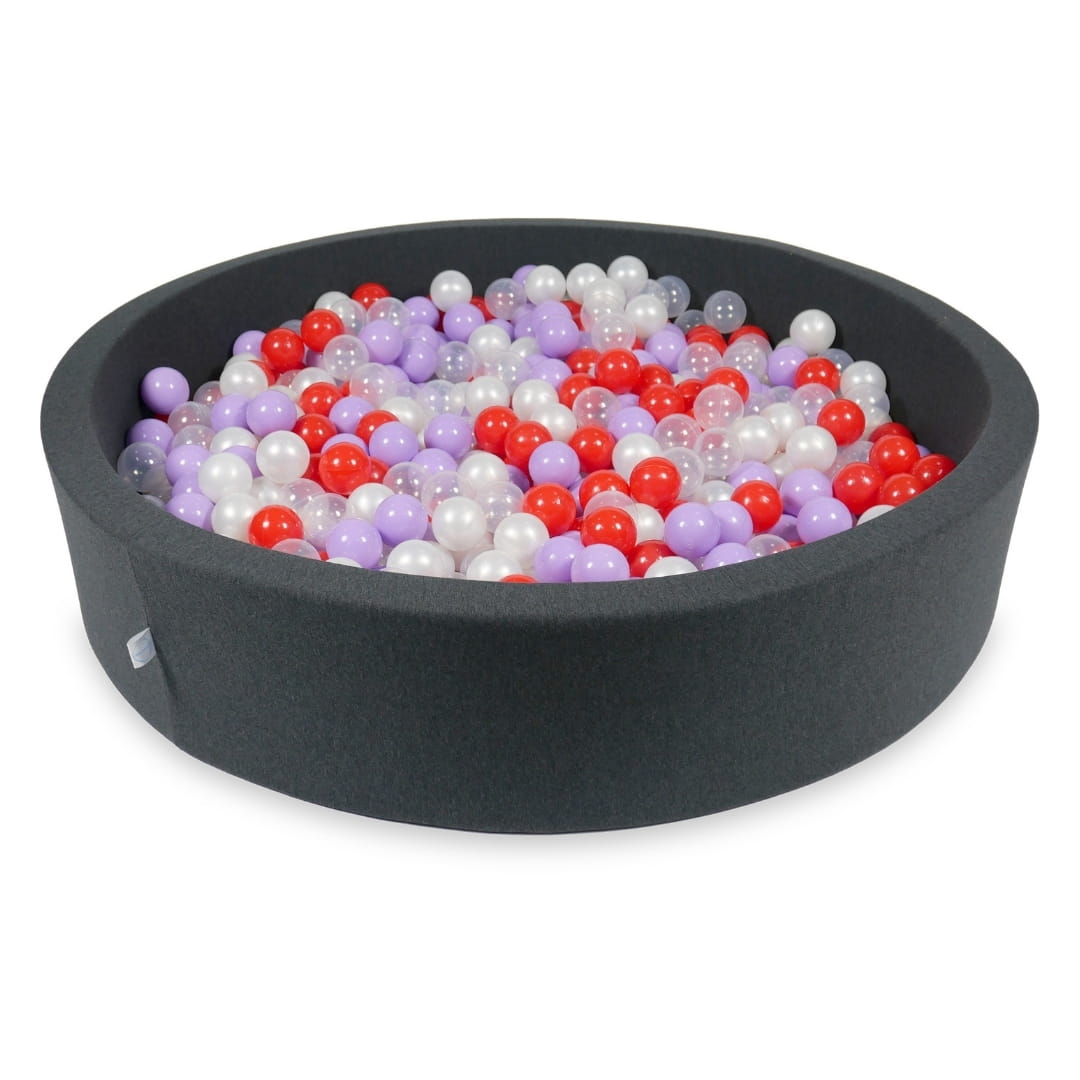 Bällebad 130x30cm Graphit mit 600 Bällen (klar, perlmuttfarben, meliert, rot)