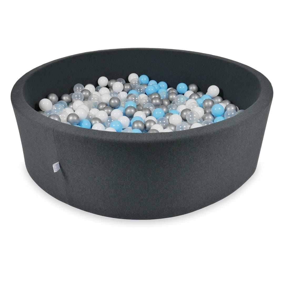 Bällebad 130x40cm, Graphit, mit 700 Bällen (hellblau, silber, transparent, weiß)