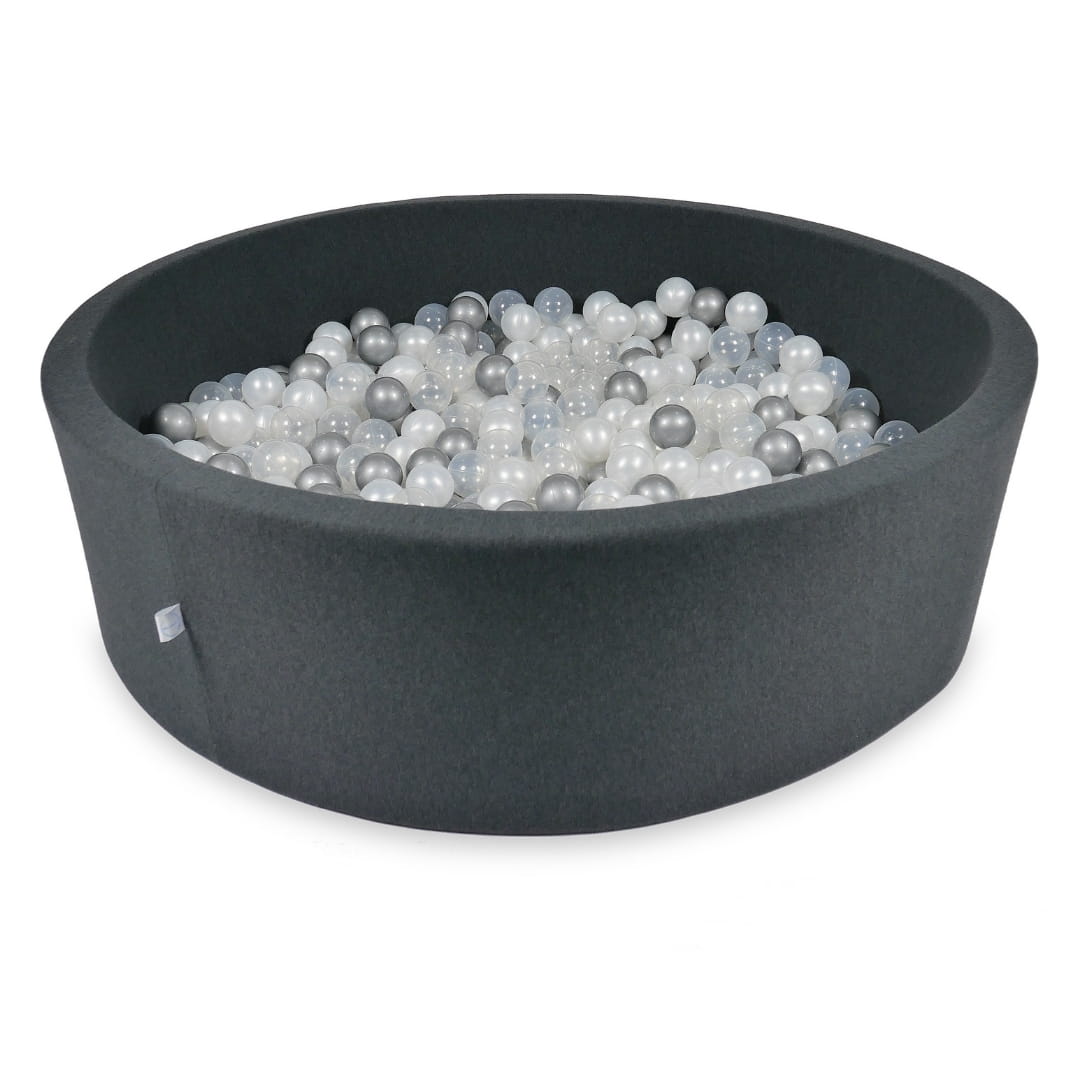 Bällebad 130x40cm Graphit mit 700 Bällen (Perlmutt, Silber, Transparent)