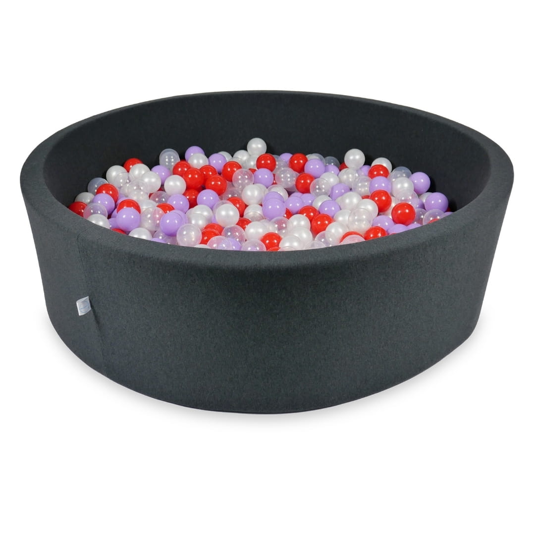 Bällebad 130x40cm Graphit mit 700 Bällen (klar, perlmuttfarben, meliert, rot)