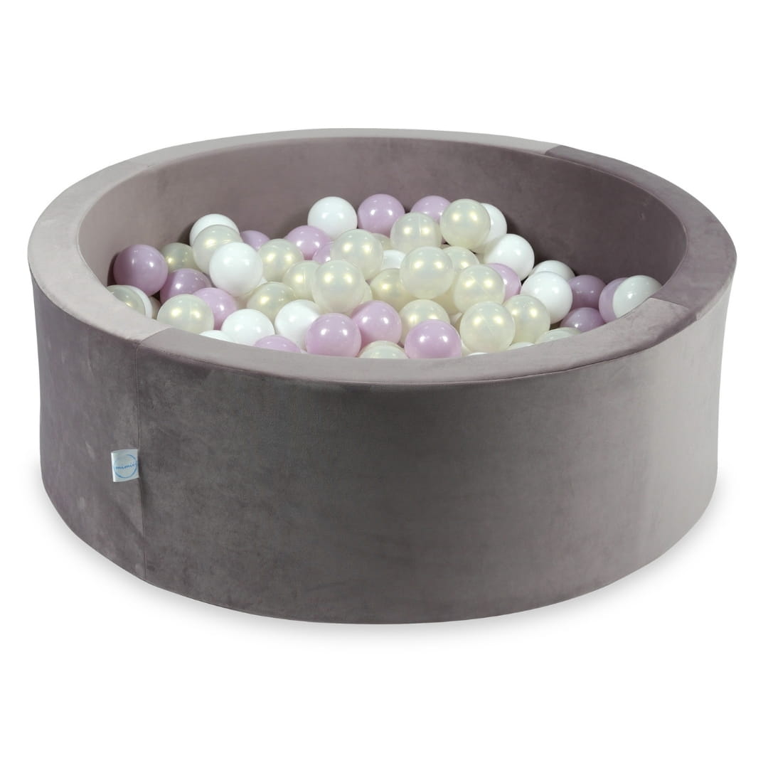 90x30 Samt-Bällebad in Flieder mit 200 Bällen (weiß, hellrosa Perlmutt, irisierend)