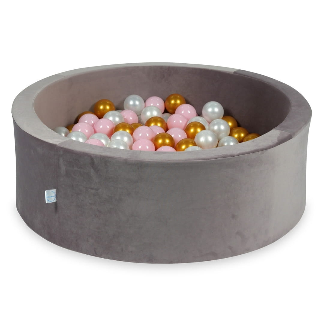 90x30 Samt-Bällebad in Flieder mit 200 Bällen (hellrosa, perlmuttfarben, goldfarben)
