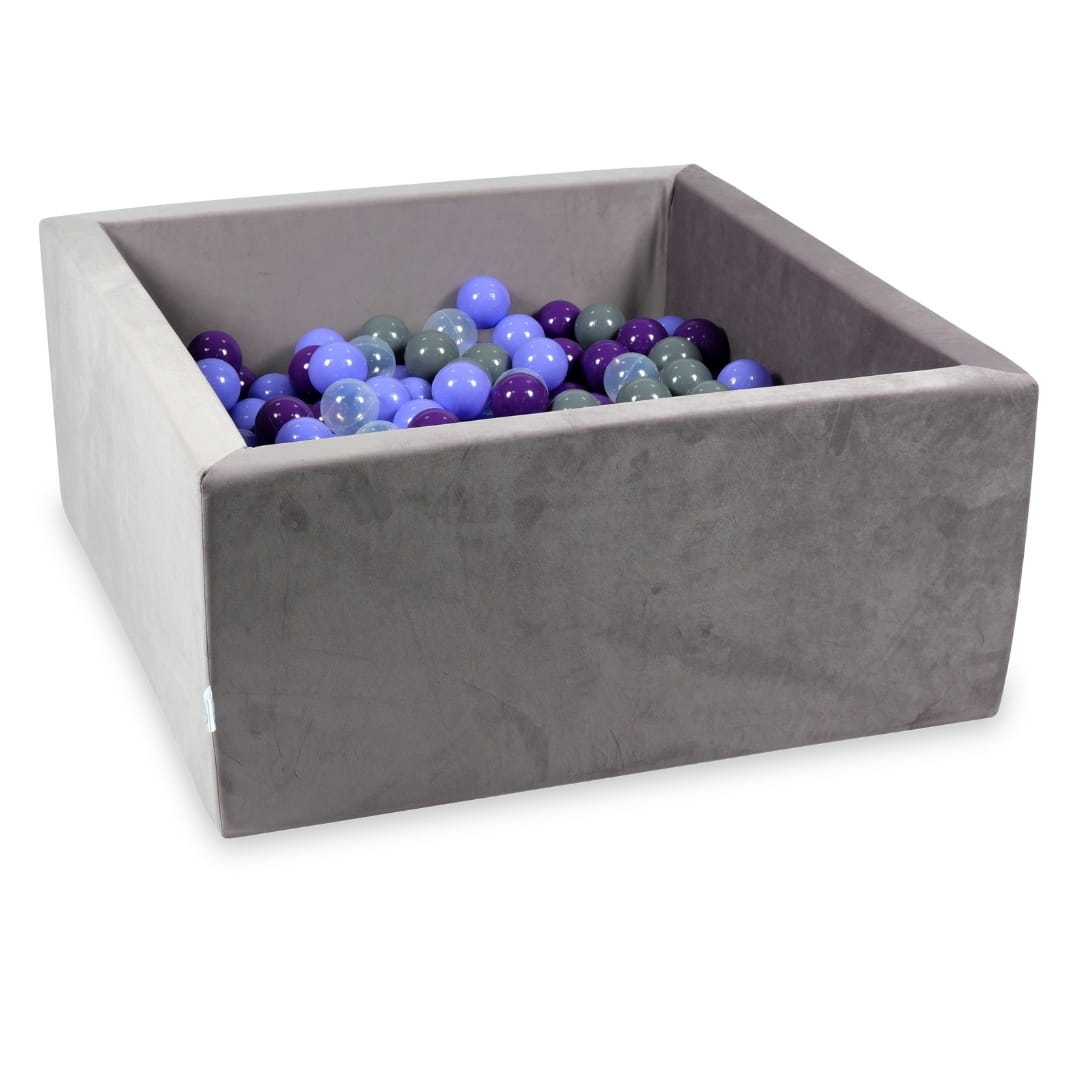 Samtiges, lilafarbenes Bällebad 90x90x40 mit 400 Bällen (transparent, meliert, lila, grau)