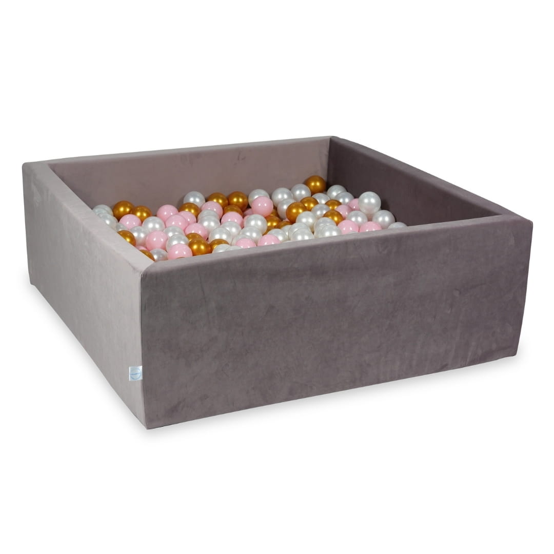 110x110x40 Samt-Bällebad in Flieder mit 600 Bällen (hellrosa, perlmuttfarben, goldfarben)